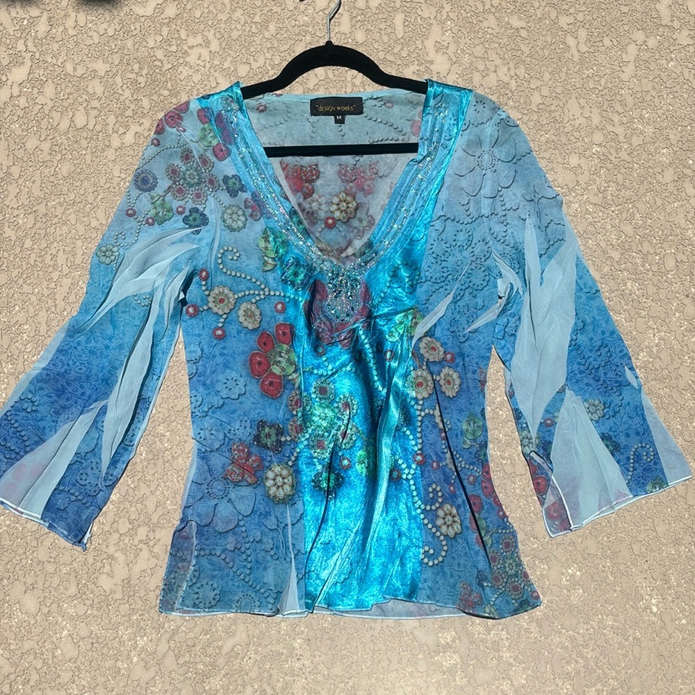 Design Works Top Beaded Sequins Fairy V-neck Blue Sheer Silky Size Medium